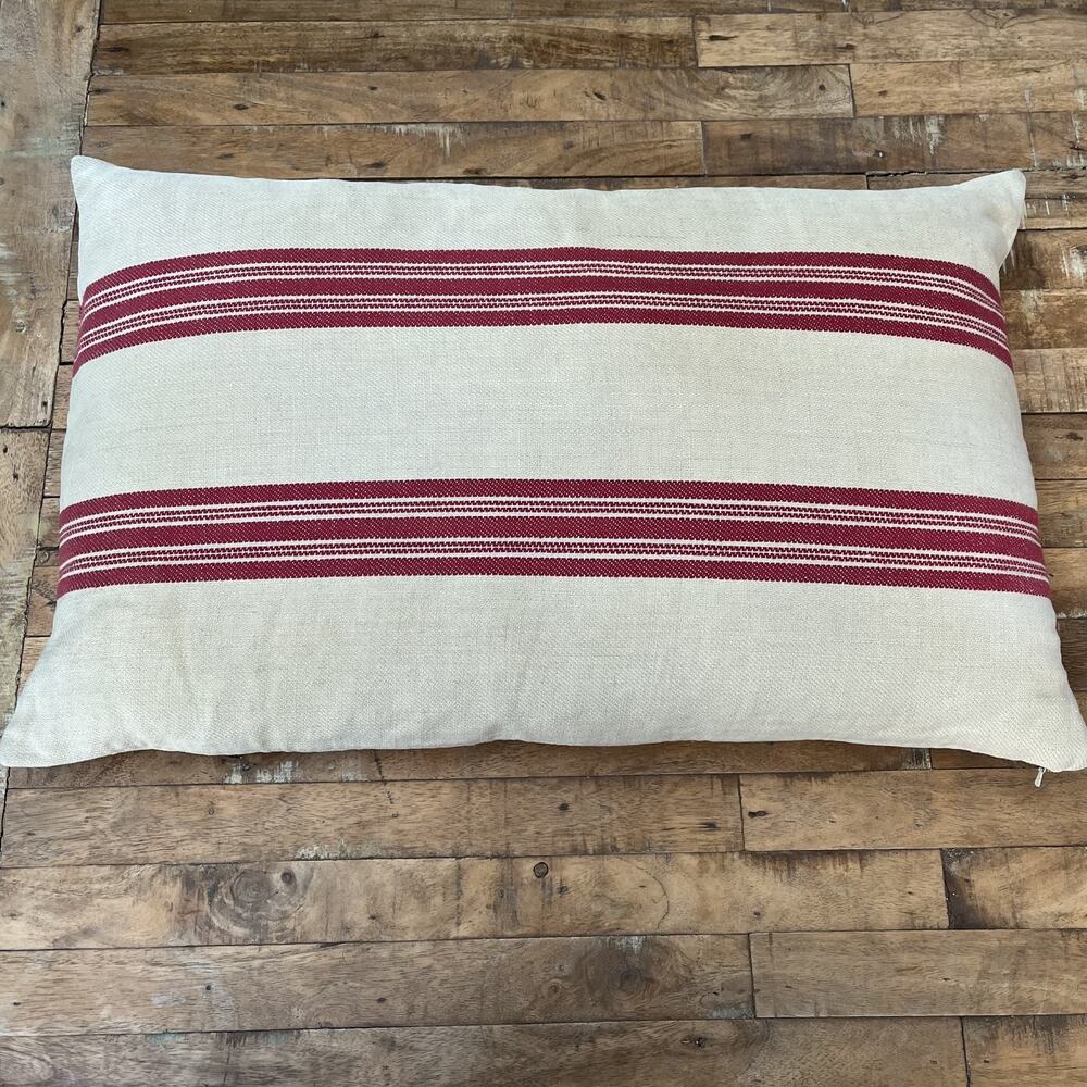 Pottery Barn Linen Blend Throw Pillow 16 x 26 in 100% Cotton Filled Red Striped